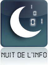 The logo of the Nuit de l'info event.
										  Consists of a dark blue/grey
										  background rounded rectangle
										  background with a white decrescent
										  moon. In the inside curve of the
										  decrescent moon there are zero and one
										  digits. Below the rounded rectangle is
										  written Nuit de l'Info with LCD screen
										  characters.